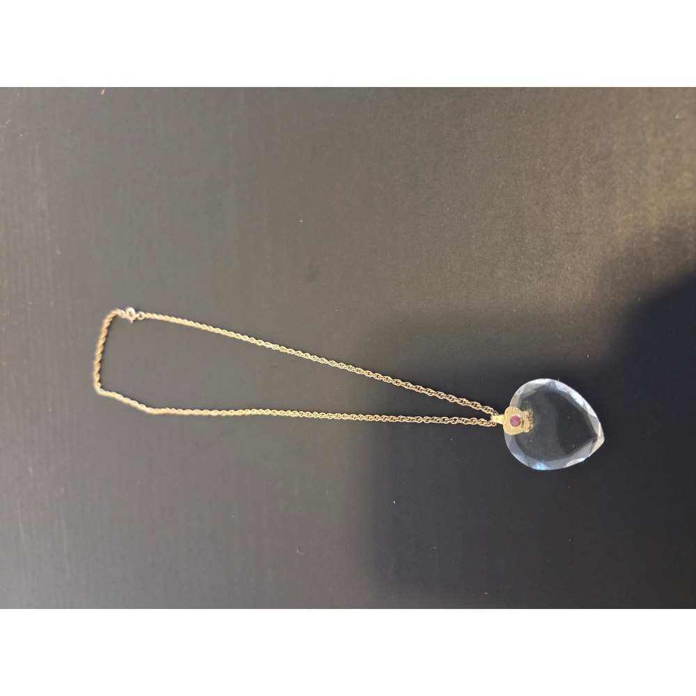 Gold Tone Rope Chain Necklace Large Faceted Clear Heart Pendant Pink Accent